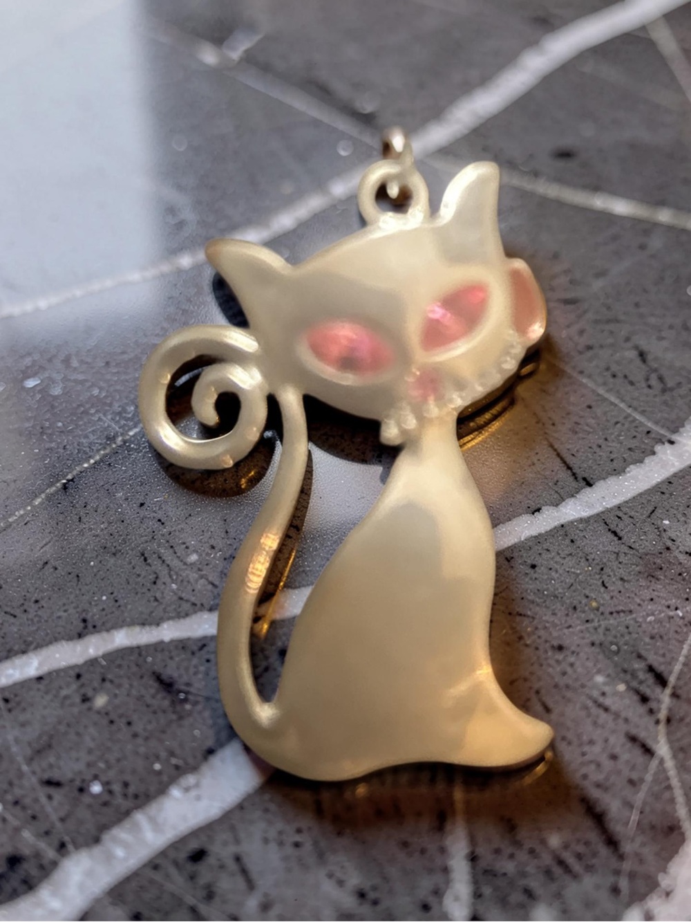 80's Vintage MCM Atomic Cat Pendant Charm Pearlescent Cream Pink Rhinestone Eyes